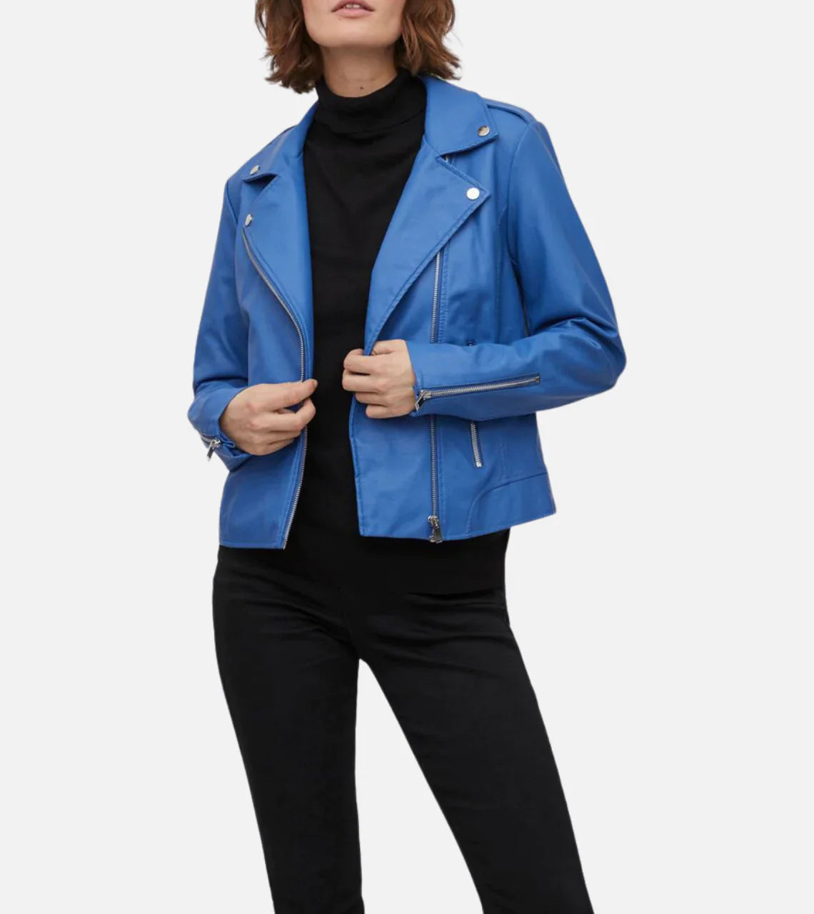 women blue leather jacket