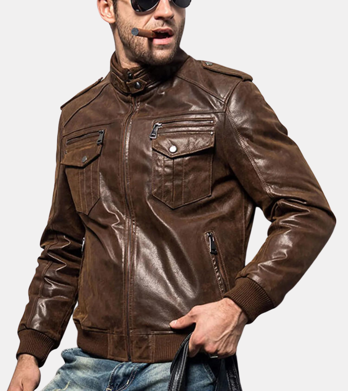 Rib Collared Men's Leather Bomber Jacket