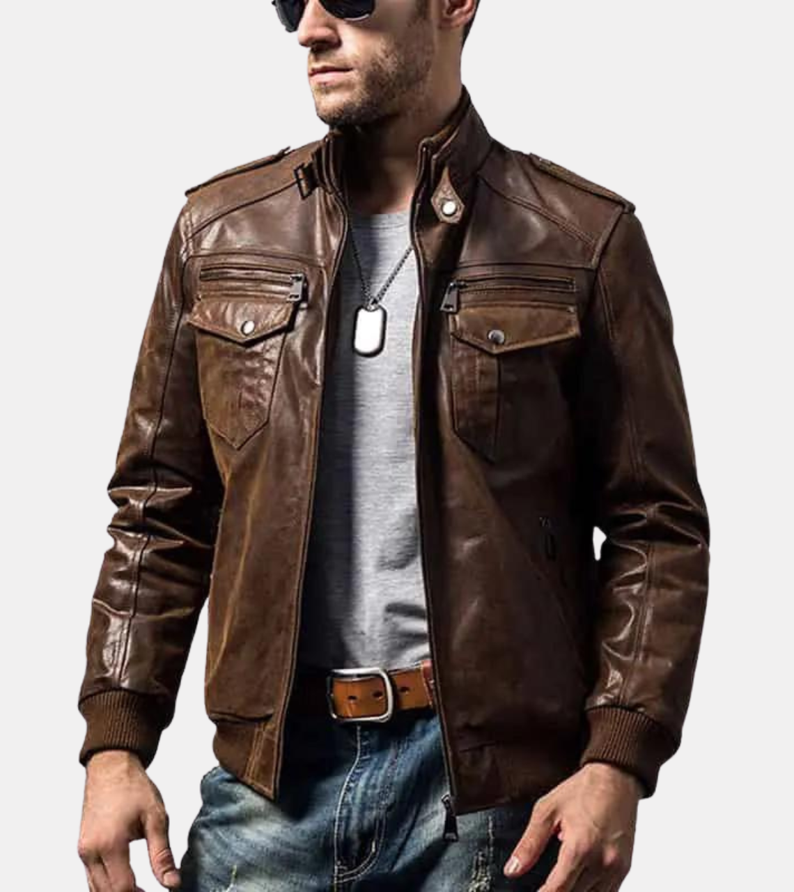 Rib Collared Bomber Leather Jacket