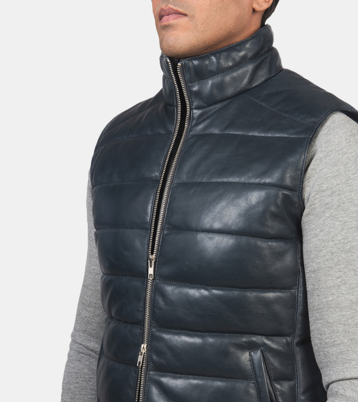 Flecher Men's Blue Puffer Leather Vest For Men's