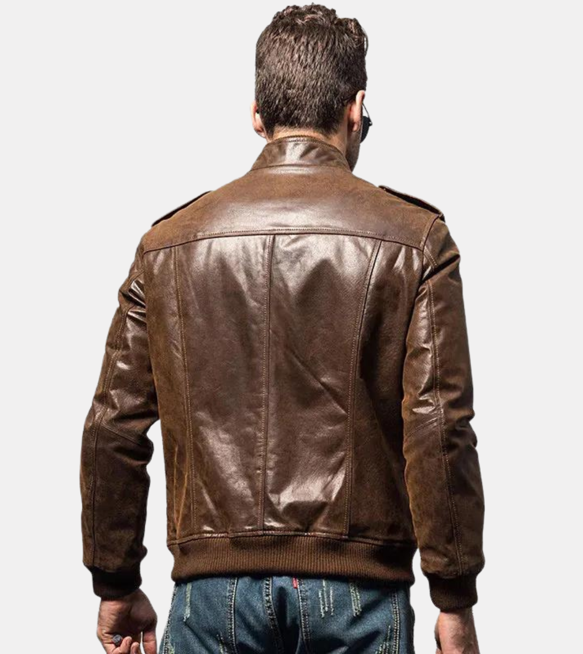 Rib Collared Bomber Leather Jacket Back