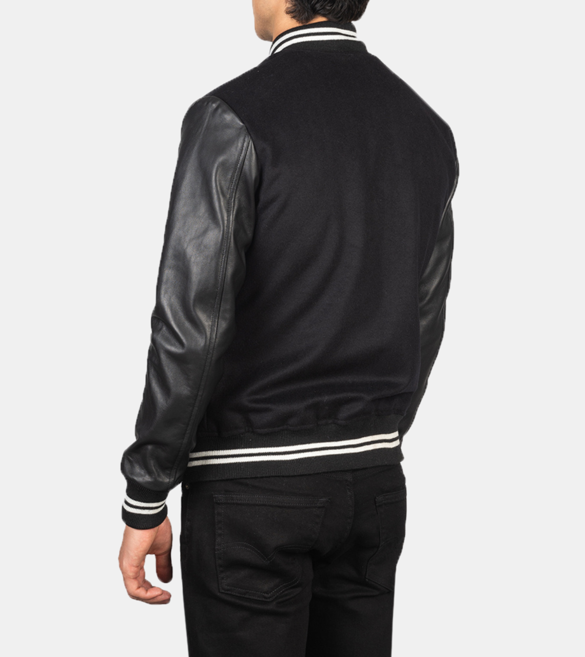 Shane White Stripped Varsity Leather Jacket Back