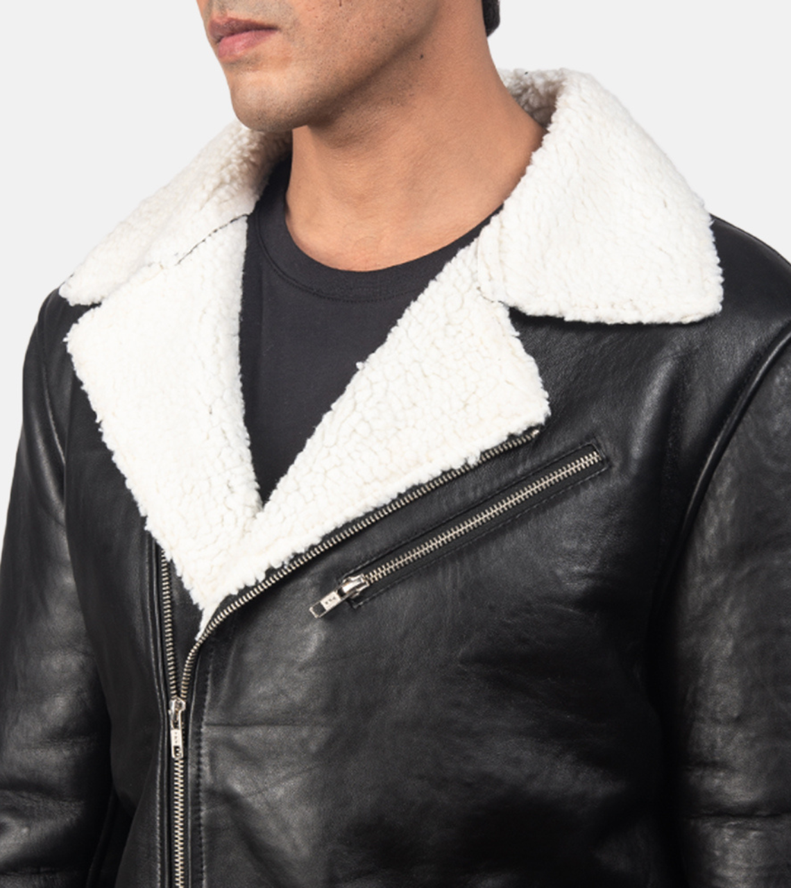  Pacific White Shearling Men's Leather Bomber Jacket Collar