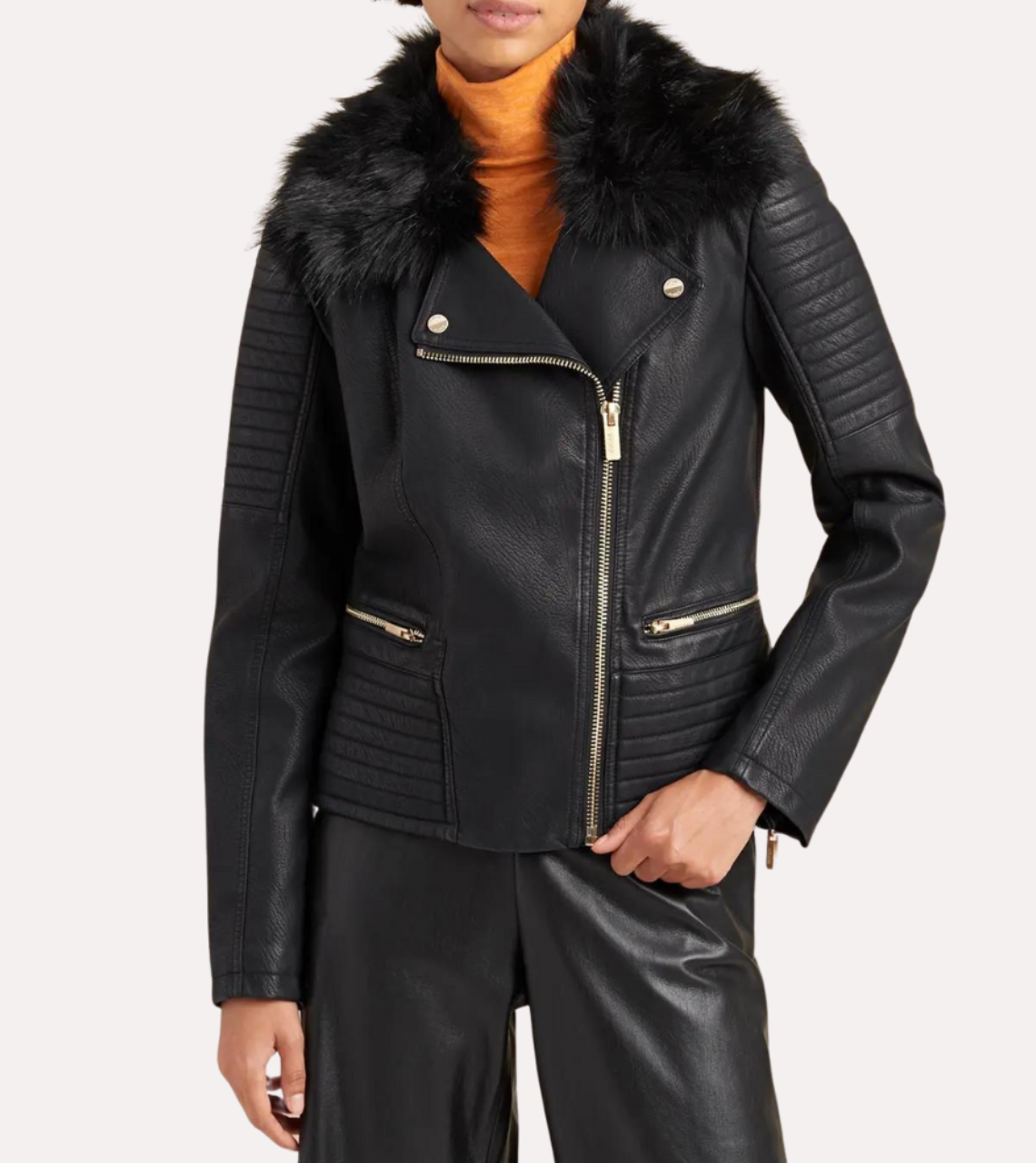 Fur Collar Shearling Leather Jacket For Women's 