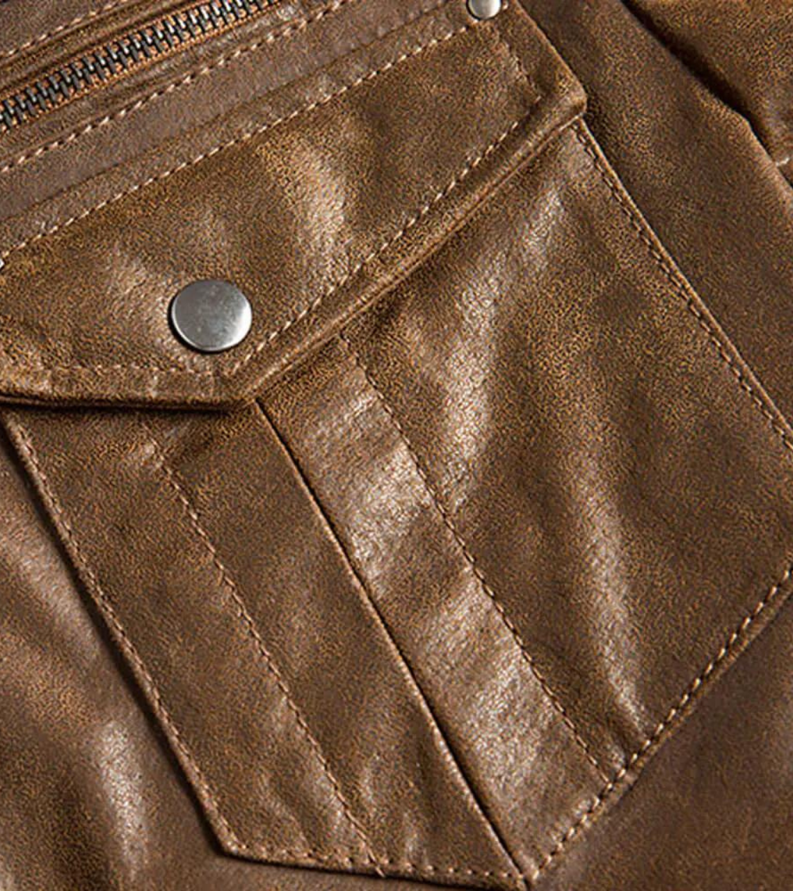 Rib Collared Men's Leather Bomber Jacket Pocket