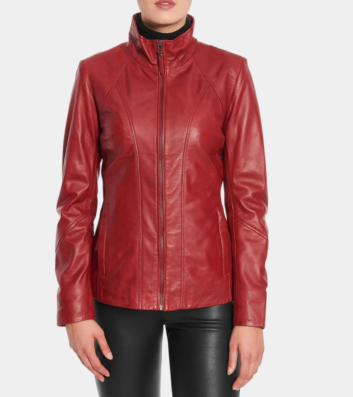 Red Round Collar Women's Biker Leather Jacket