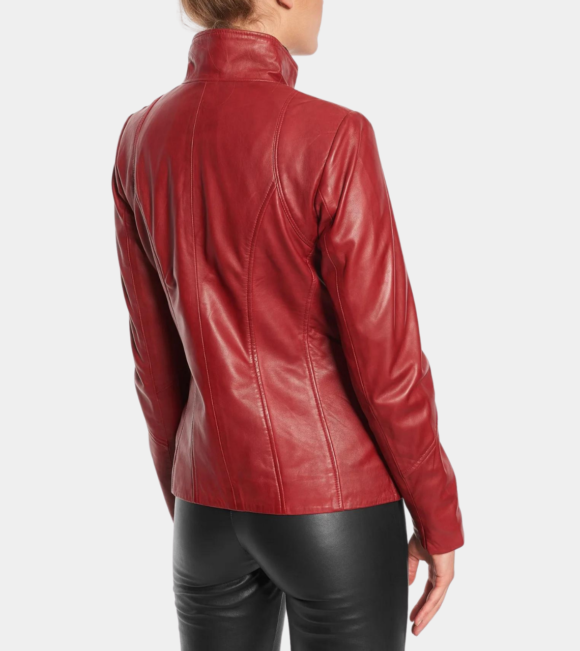 Red Round Collar Women's Biker Leather Jacket Back