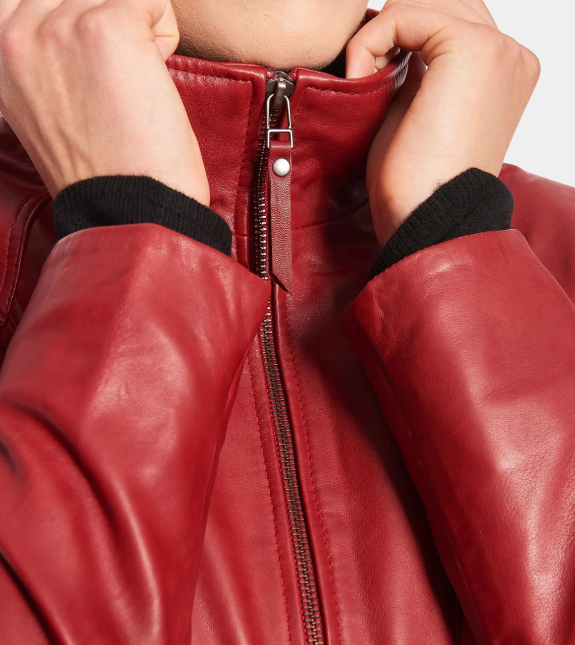 Red Round Collar Women's Biker Leather Jacket Zipper