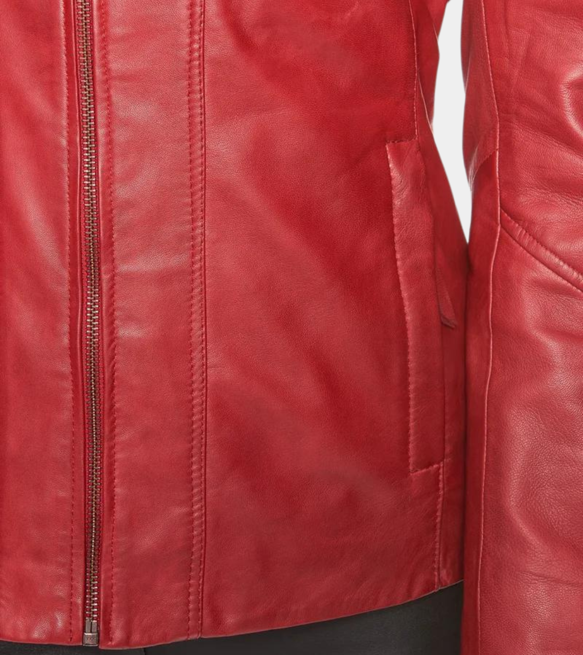 Red Round Collar Women's Biker Leather Jacket Pocket