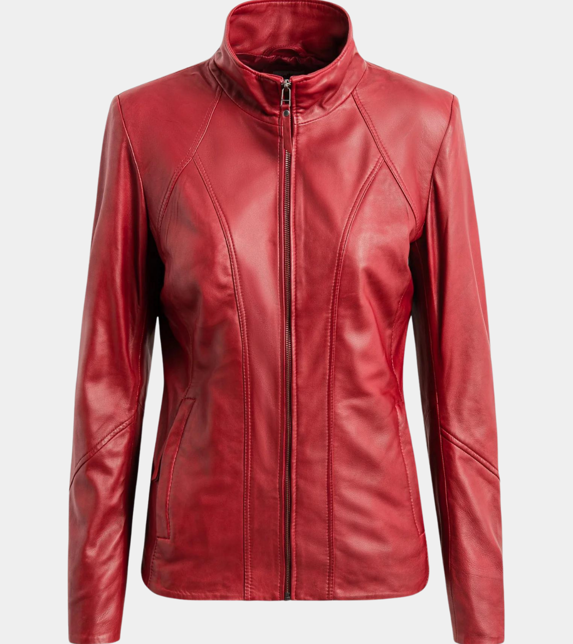 Red Round Collar Biker Leather Jacket For Women's