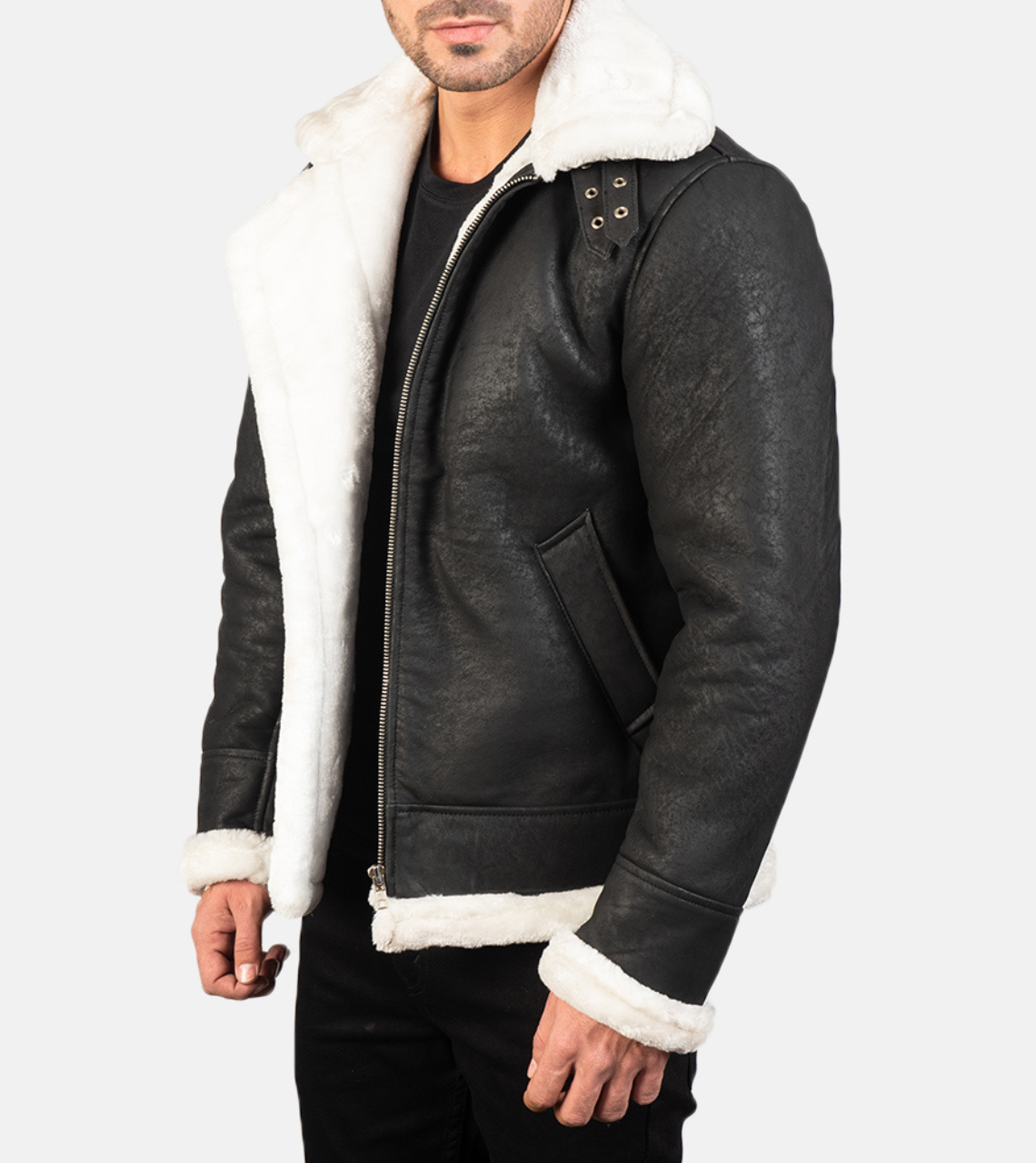  Pyramidal White Shearling Men's Leather Bomber Jacket Front