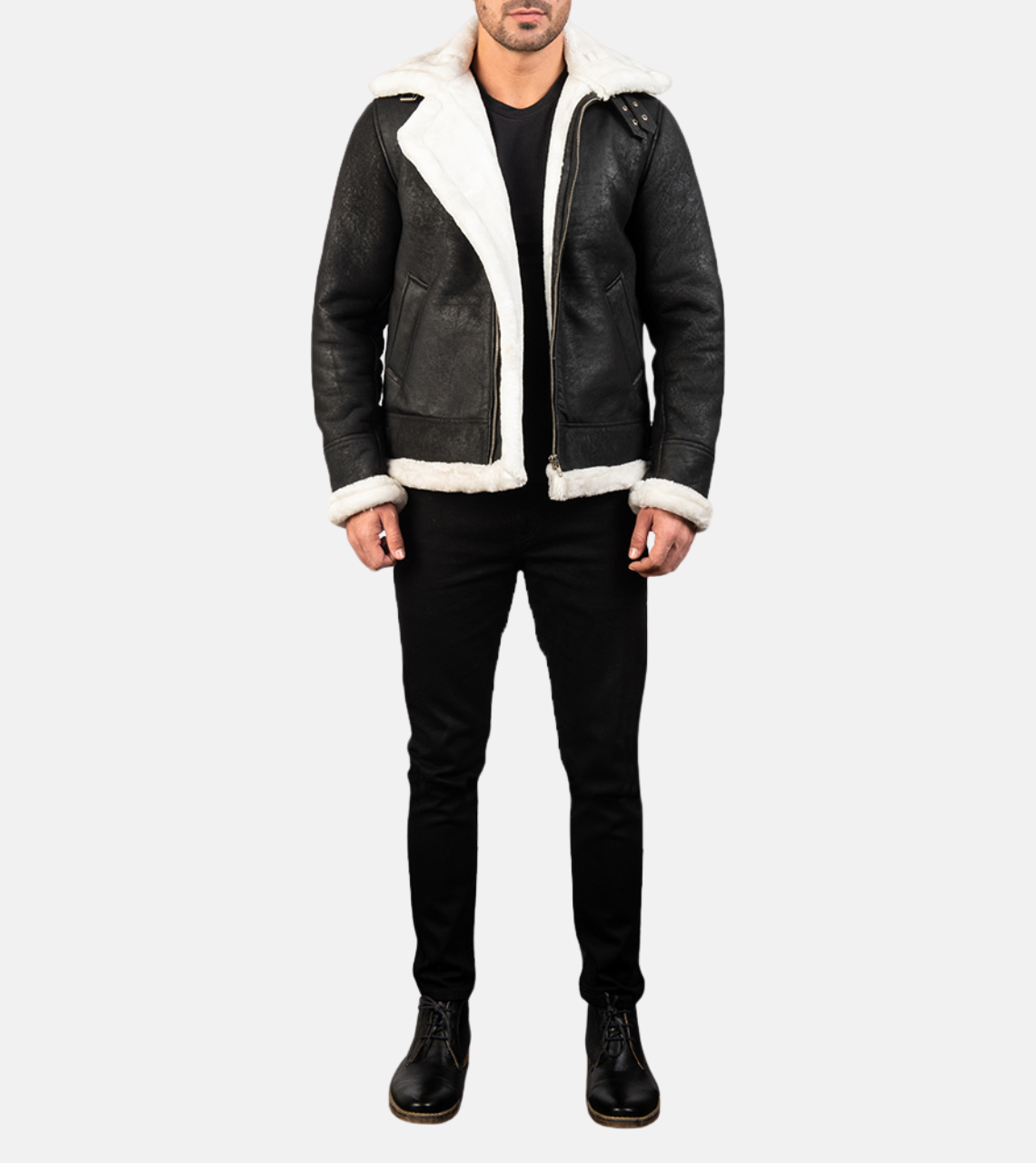 White Shearling Men's Leather Bomber Jacket 