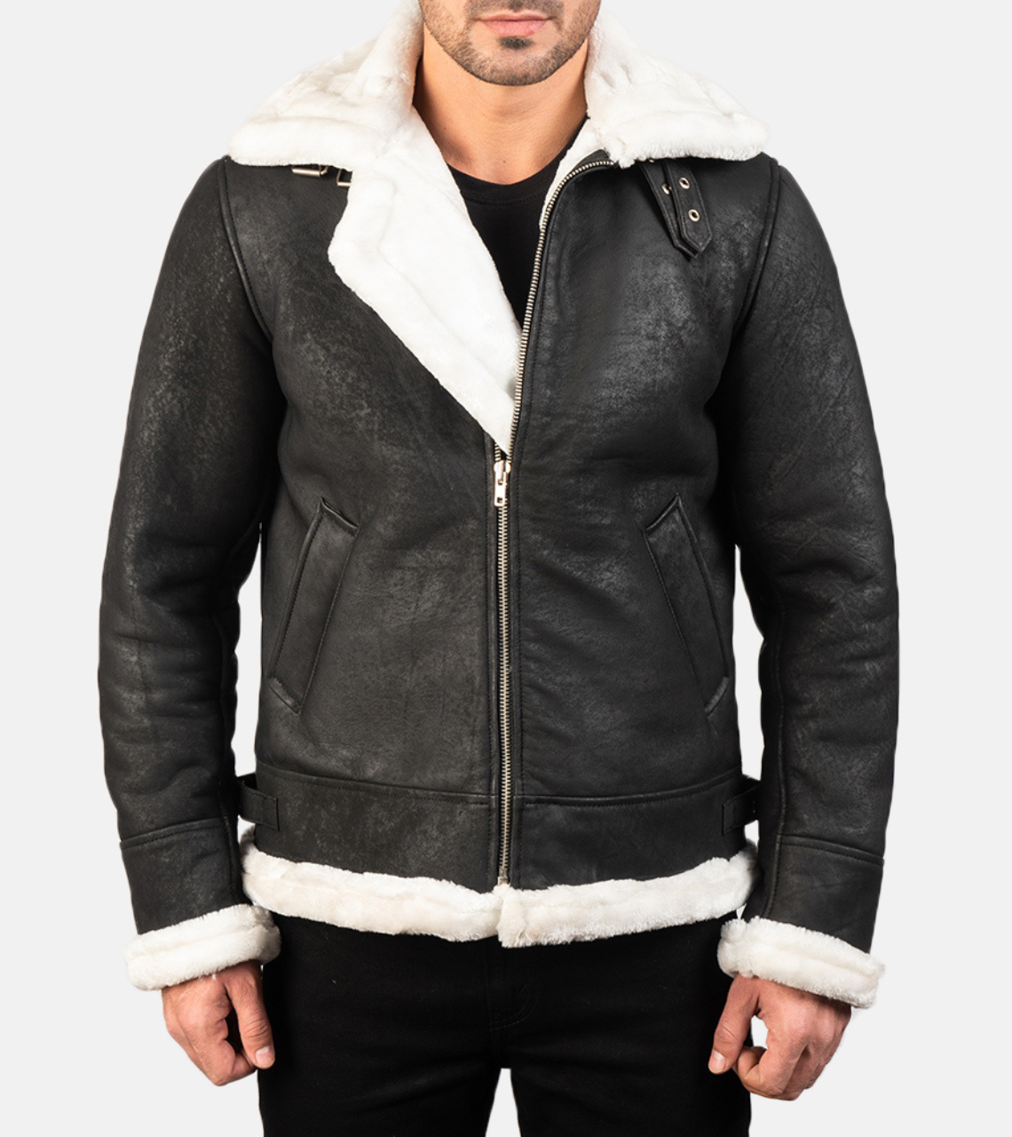  Pyramidal White Shearling Men's Leather Bomber Jacket 