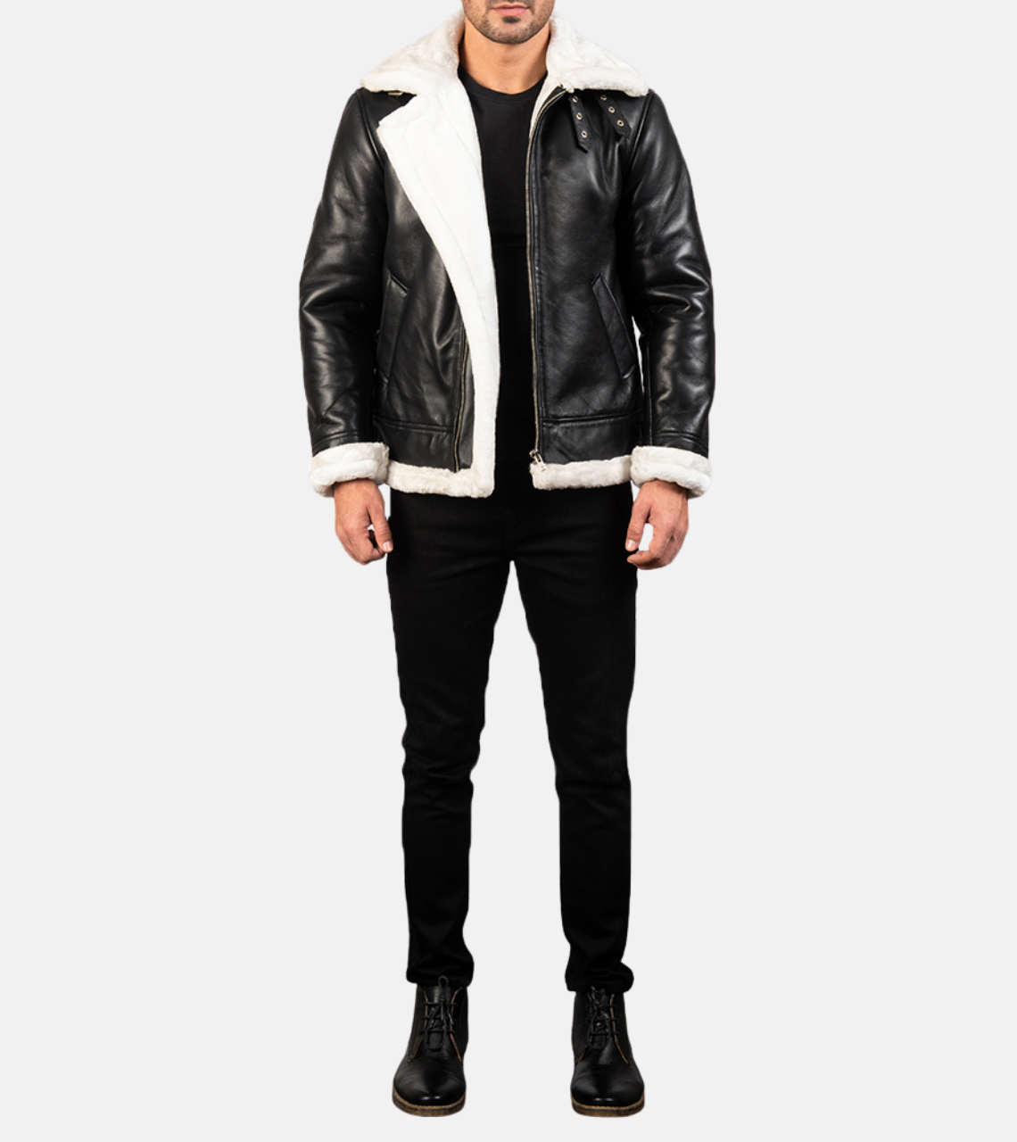  Pyramidal White Shearling Leather Bomber Jacket For Men's