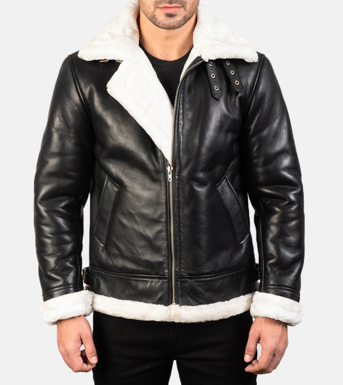  Pyramidal White Shearling Leather Bomber Jacket 