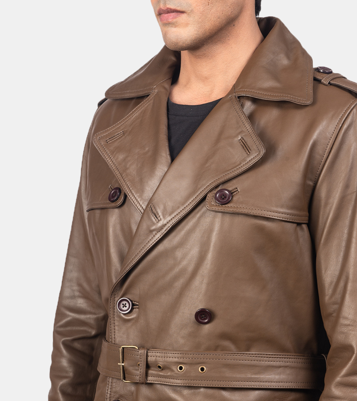  Kian Brown Notched Leather Coat 