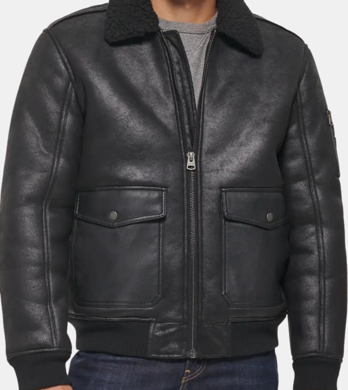  Hester Men's Black Aviator Bomber Leather Jacket  Zippered