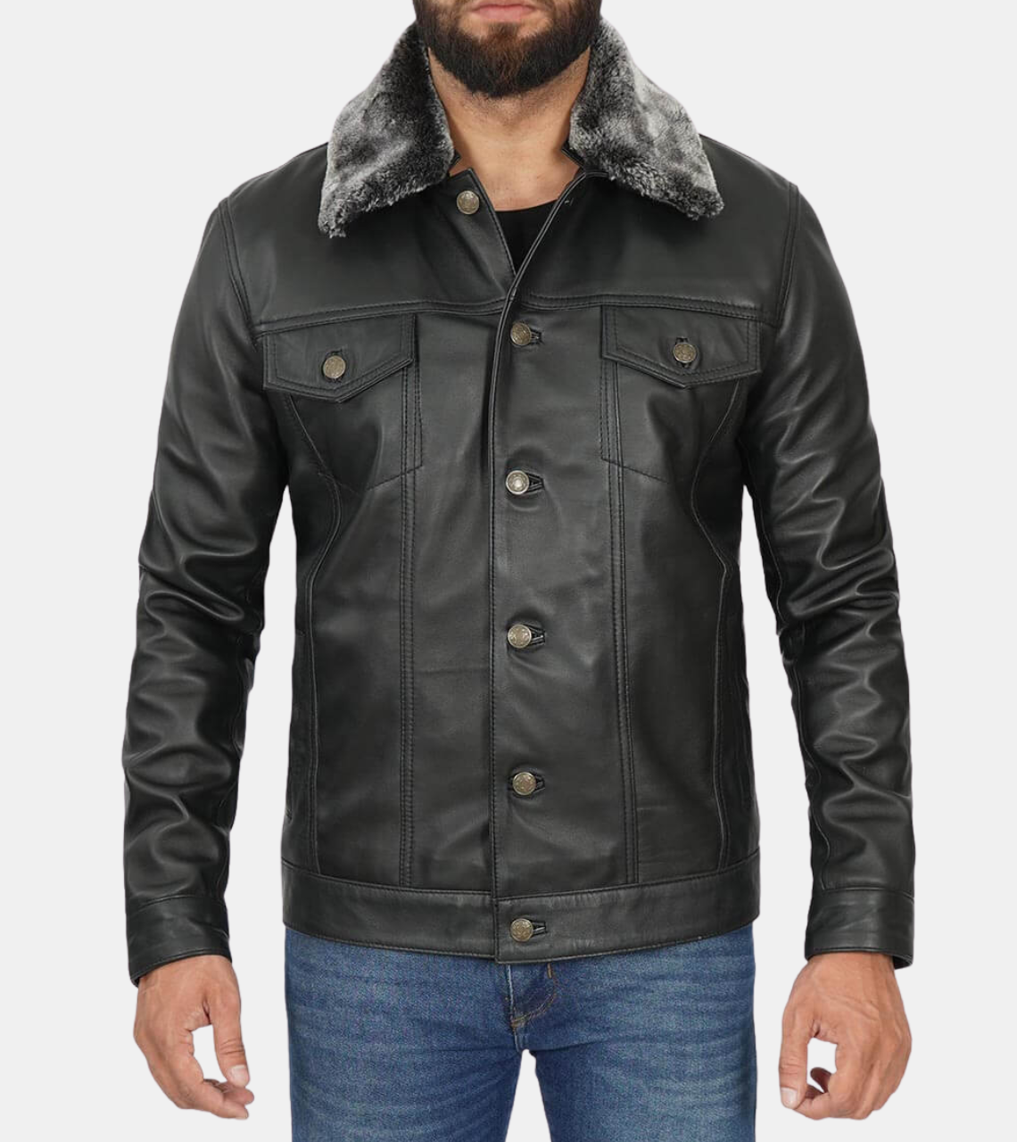 Daryl Men's Shearling Collar Black Leather Jacket