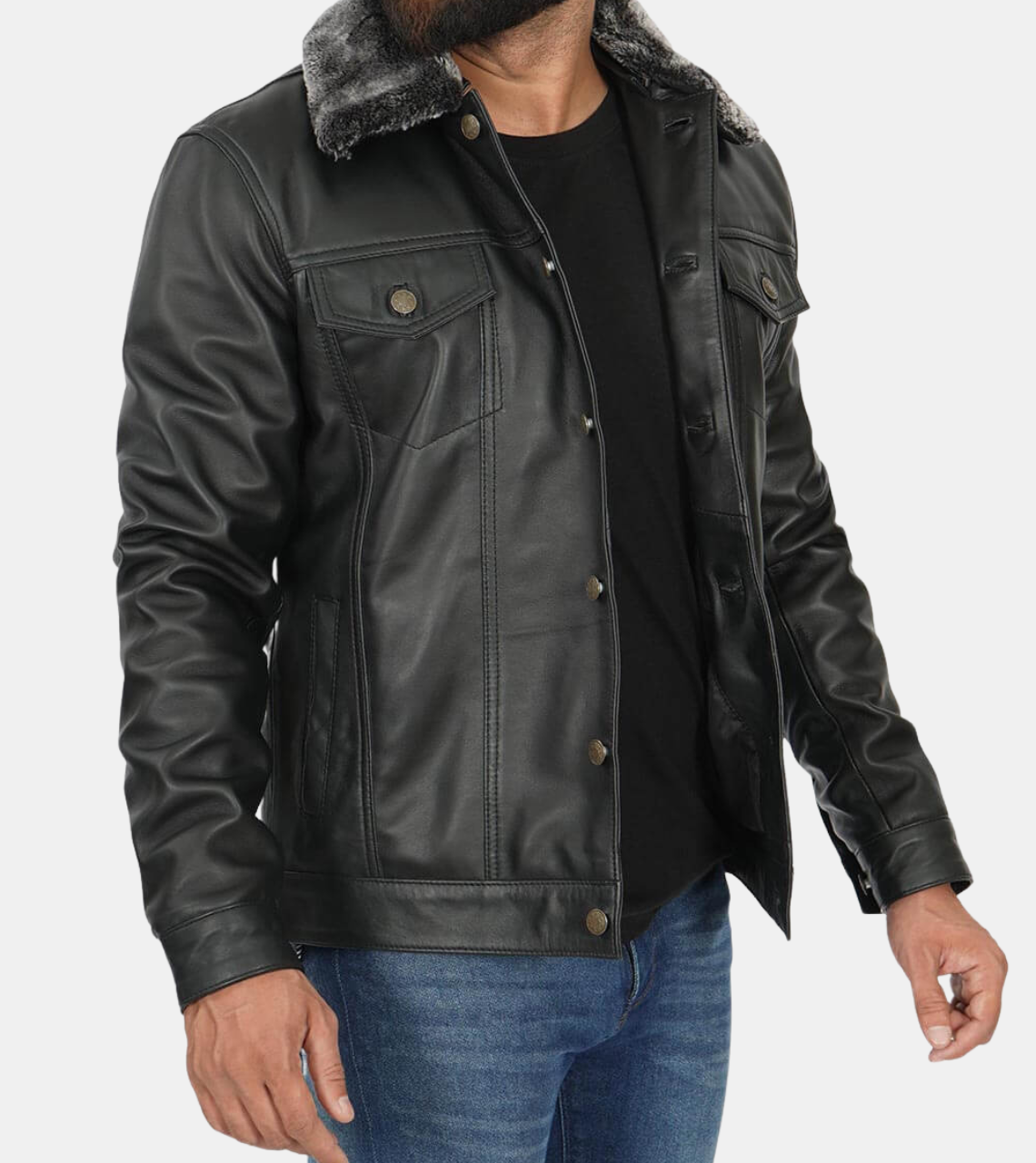 Daryl Men's Shearling Collar Black Leather Jacket