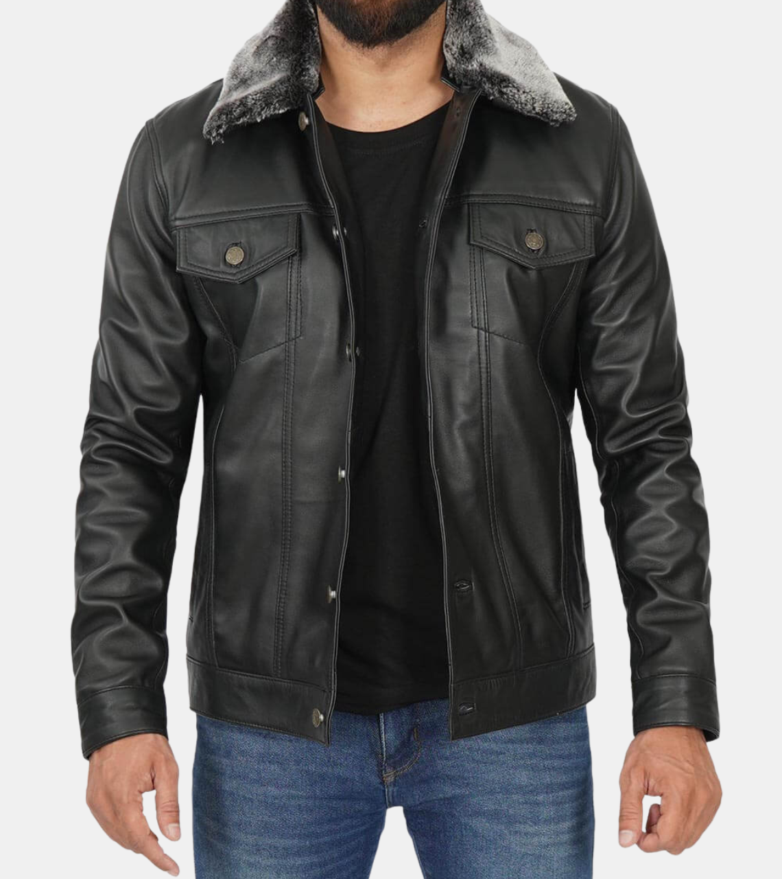 Daryl Men's Shearling Collar Black Leather Jacket