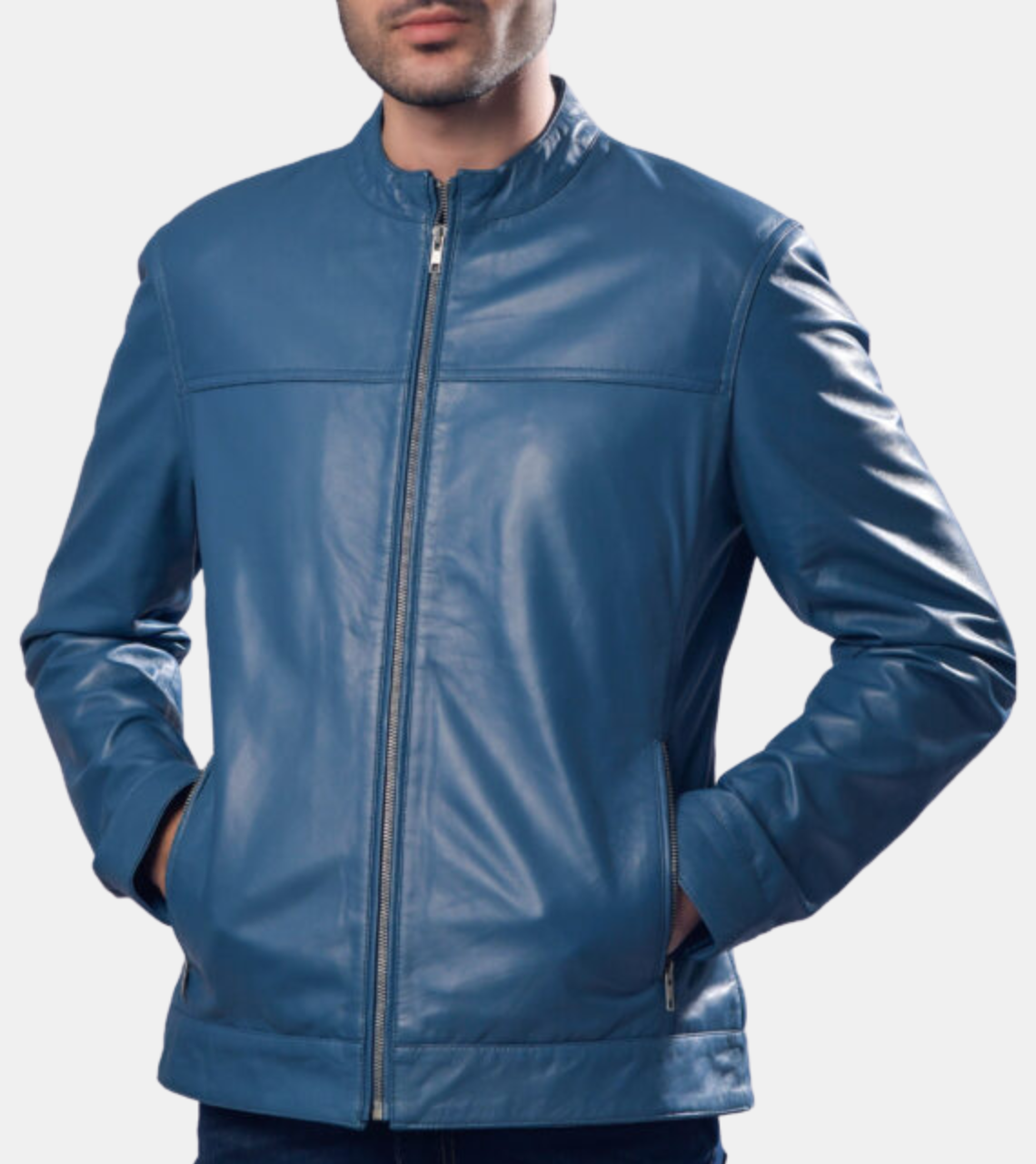  Kalvae Men's Blue Leather Jacket Zippered