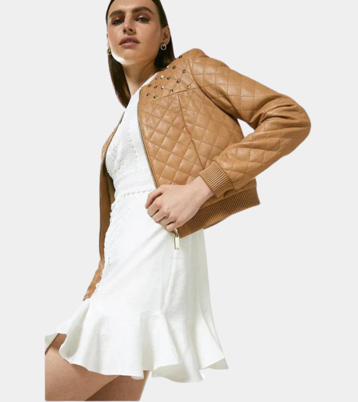 Tan Beige Bomber Leather Jacket for women