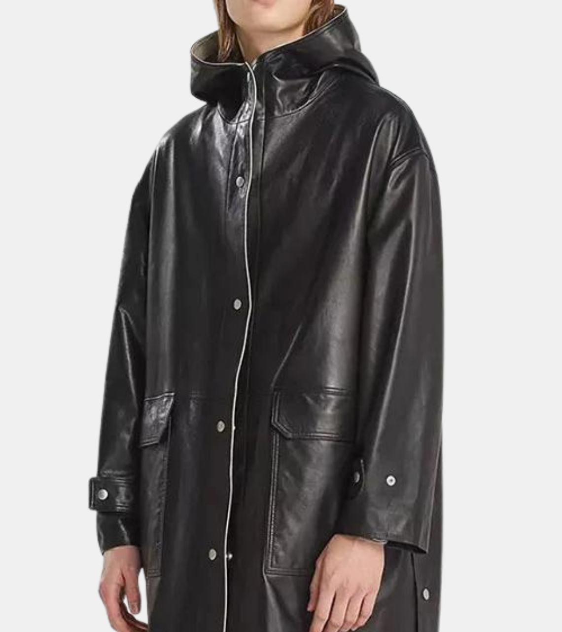 Women's Hooded Black Leather Coat