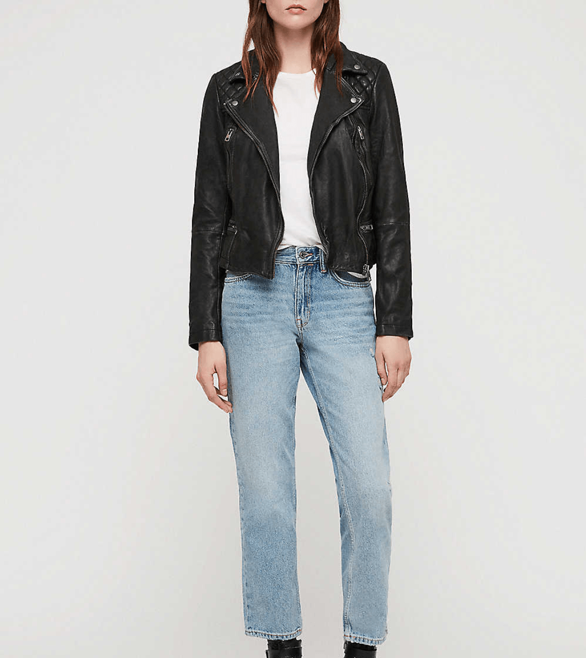 Distressed Black Leather Biker Jacket For Women's