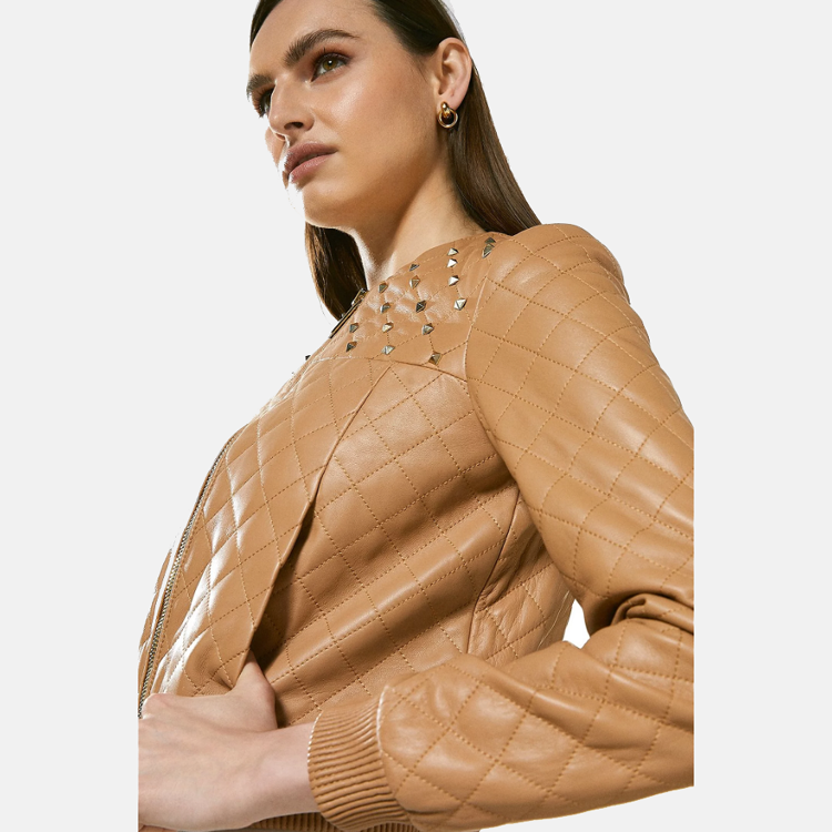 Tan beige Bomber Leather Jacket for women