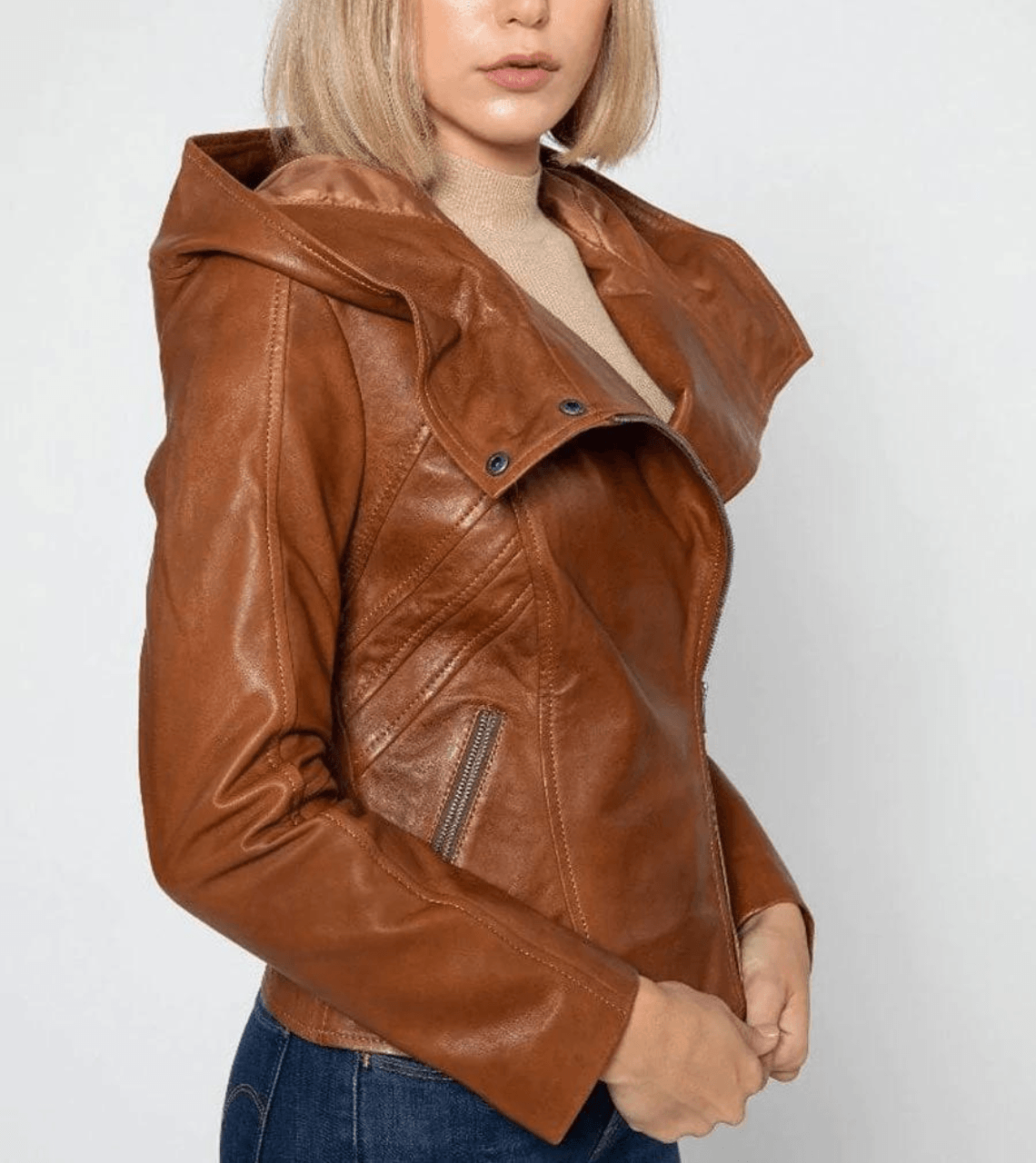 Tan Brown Leather Hooded Biker Jacket For Women's