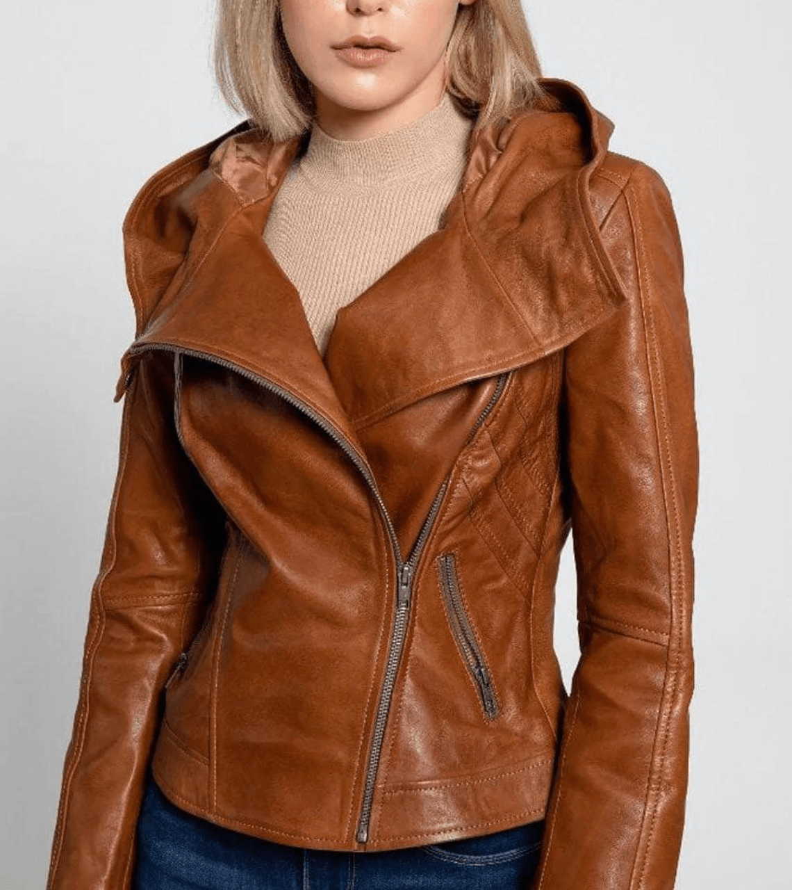 Tan Brown Leather Hooded Biker Jacket